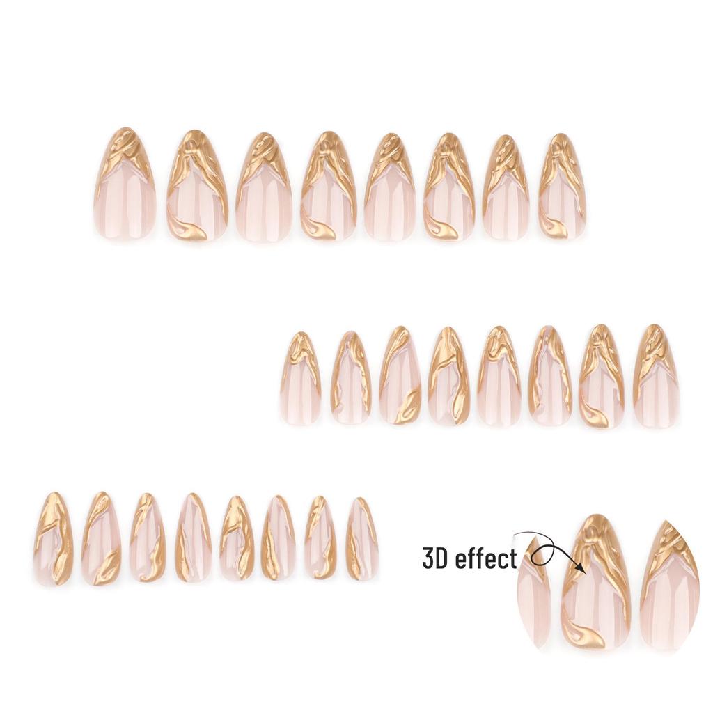 French Style 3D Gold Wearable Short Almond False Nails