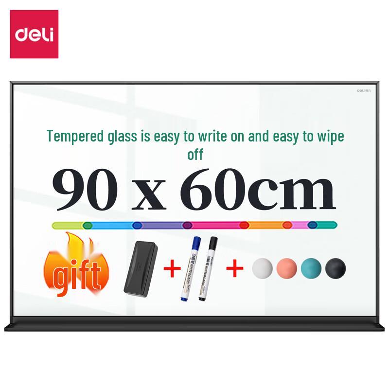 Deli 90x60cm Magnetic Tempered Glass Whiteboard