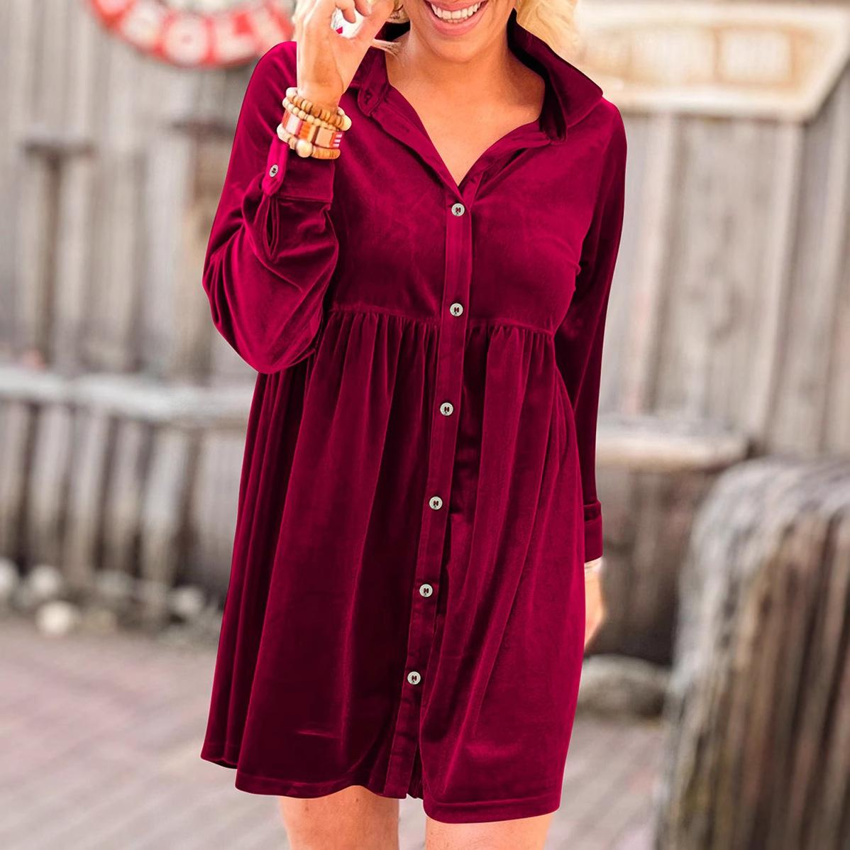 

YYFS Женская мода весна осень однотонный принт длинный рукав воротник поло свободная талия повседневные платья XXL бордовый