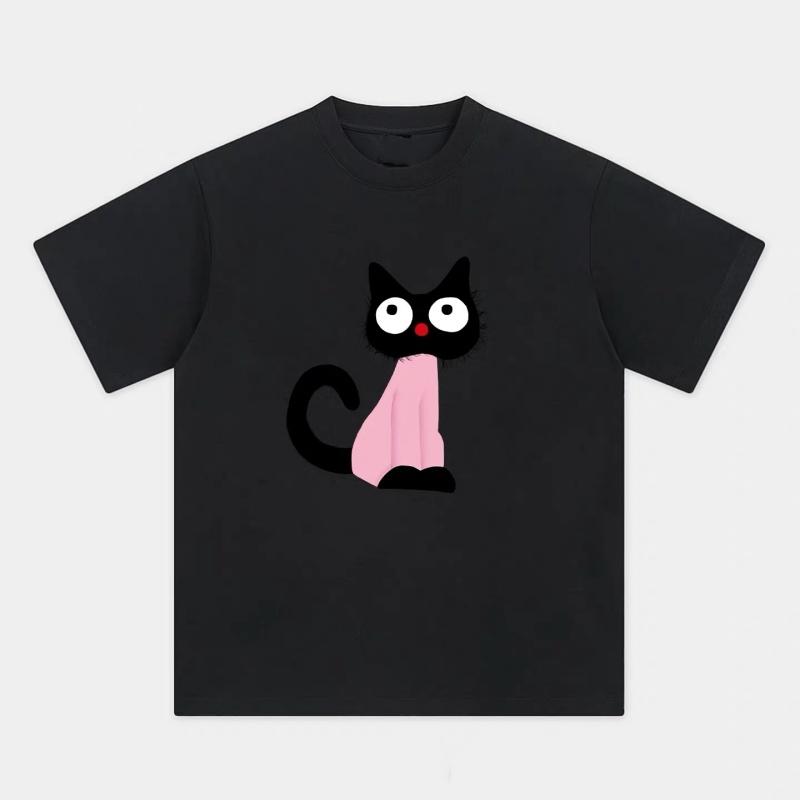 Zazomde Minimalist Cartoon Cat Art Print Tshirt Playful Design Oversized Cotton Tops Street Fashion Unisex Daily Wear Tees