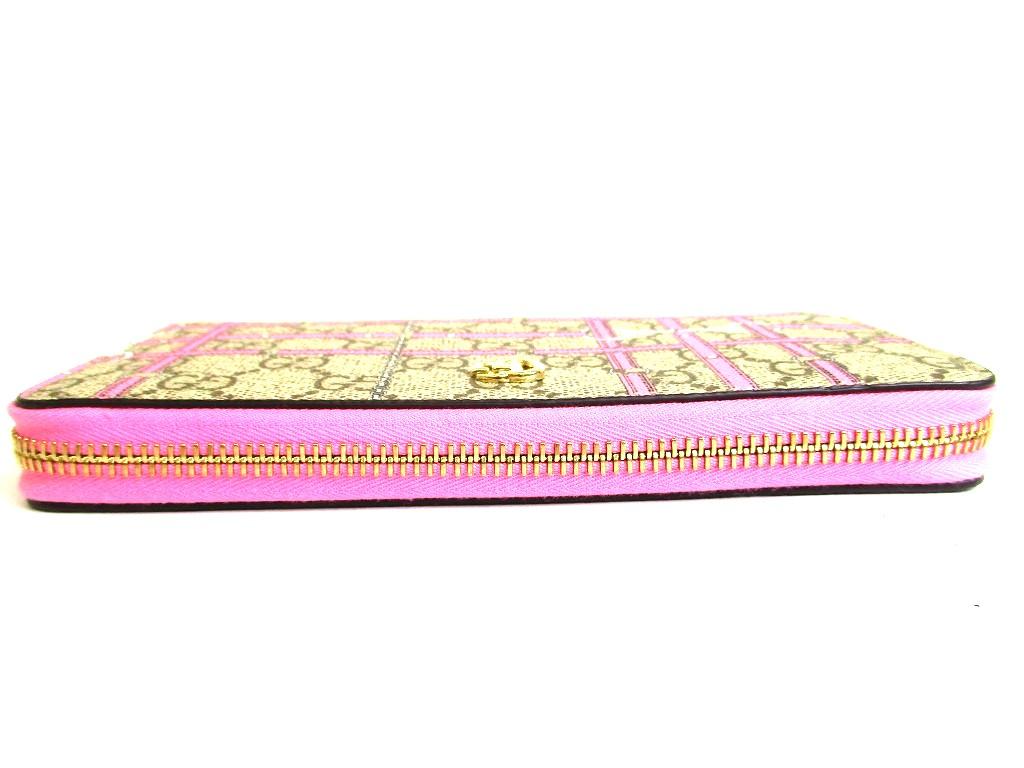 Authentische GUCCI GG-beschichtetes Canvas Rosa Leder Horsebit Rundreißverschluss Geldbörse #b301 Geöffnete Schachtel