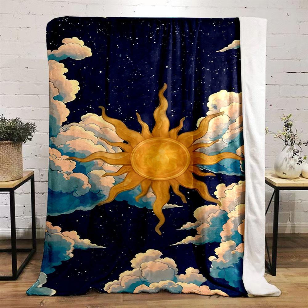 Golden Sun and Clouds On Starry Sky Patterned Flannel Blanket Perfect for the Bedroom Living Room, Sofa, or a Little Nap