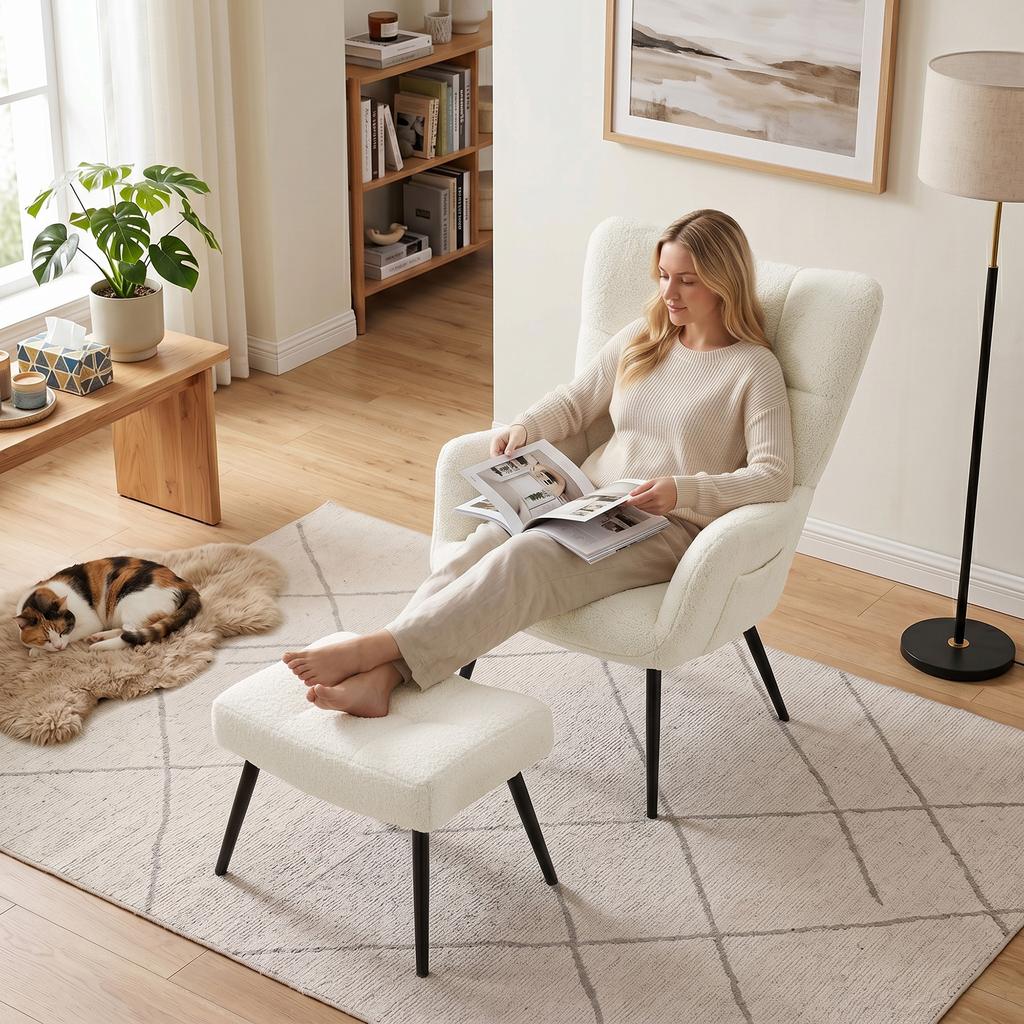 Lounge Chair with Footrest, Plush Teddy Upholstered Accent Chair, High Back, Side Pockets, Beige