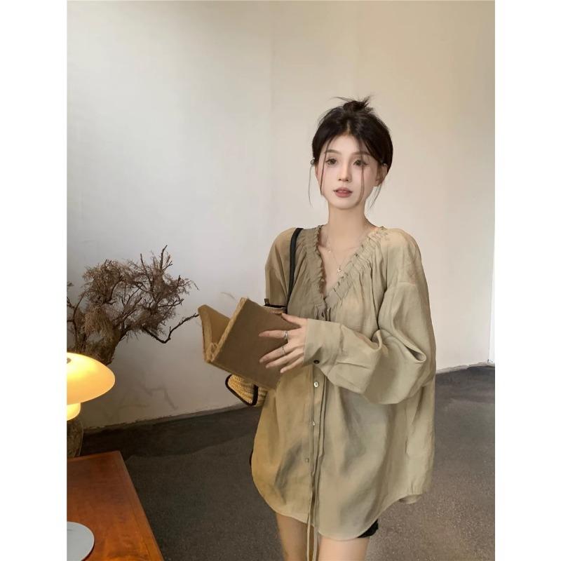 French Ruffled V-neck Shirt for Women Spring and Autumn Buttoned Loose Casual Top