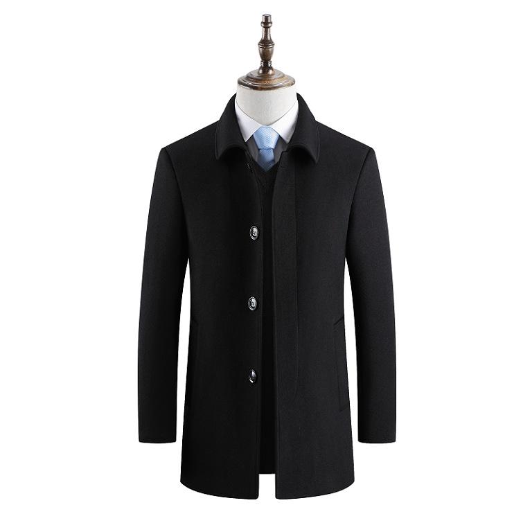 Men's Mid-Length Wool Lapel Winter Coat - Inner Lined, Middle-Aged Business Jacket 03