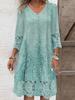 Womens V-Neck 3/4 Sleeve Summer Dress Fashion Flower Print Lace Hollow Out Mini Dress