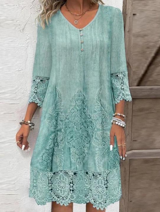 Women s V Neck Three Quarter Sleeve A Line Midi Dress Loose Fit Lace Splicing Casual Dress S зелёный