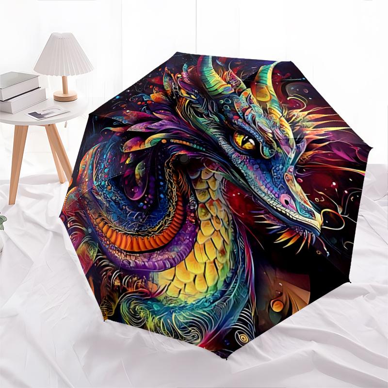 1pc Colorful Dragon Print Automatic Opening Folding Umbrella with 8-Bone Iron Frame - Portable Design for Outdoor Use, Festive Gift, Travel, Dail