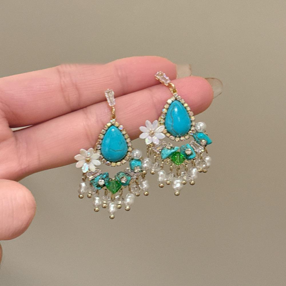 Turquoise Bohemian Turquoise Earrings Pearl Flower Shape Earrings Pendant  Lady Gifts