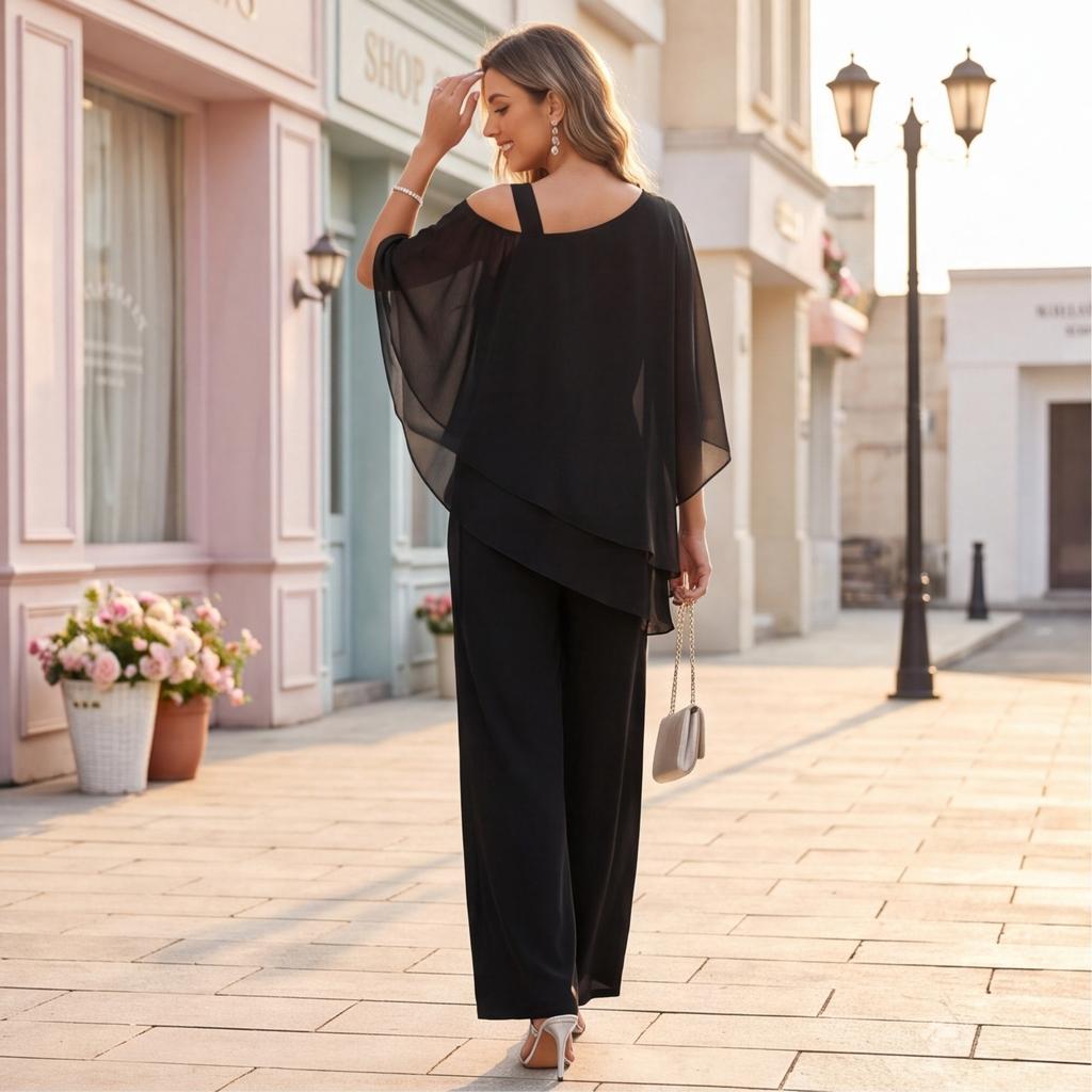 Women’s Chiffon Two Piece Set Wide Leg Pants and Layered Top Loose Fit Off Shoulder Outfit for Casual or Formal Wear