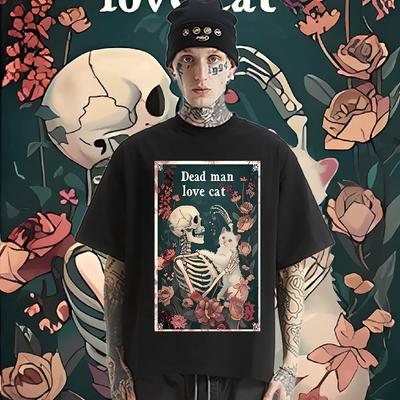 Skull With Cat O-Neck Loose Short Sleeve Tops Retro For Men‘s Tee Rapper T Shirt Outdoor Style Tshirt Frivolous Tees