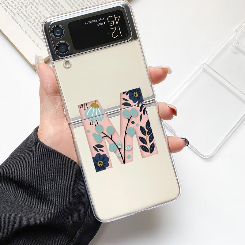 Art Initial Letter A To Z Pink Fashion Phone Case For Samsung Galaxy Z Flip 3 4 5 6 7 Hard Folding Z Flip4 Clear PC Cover Gift