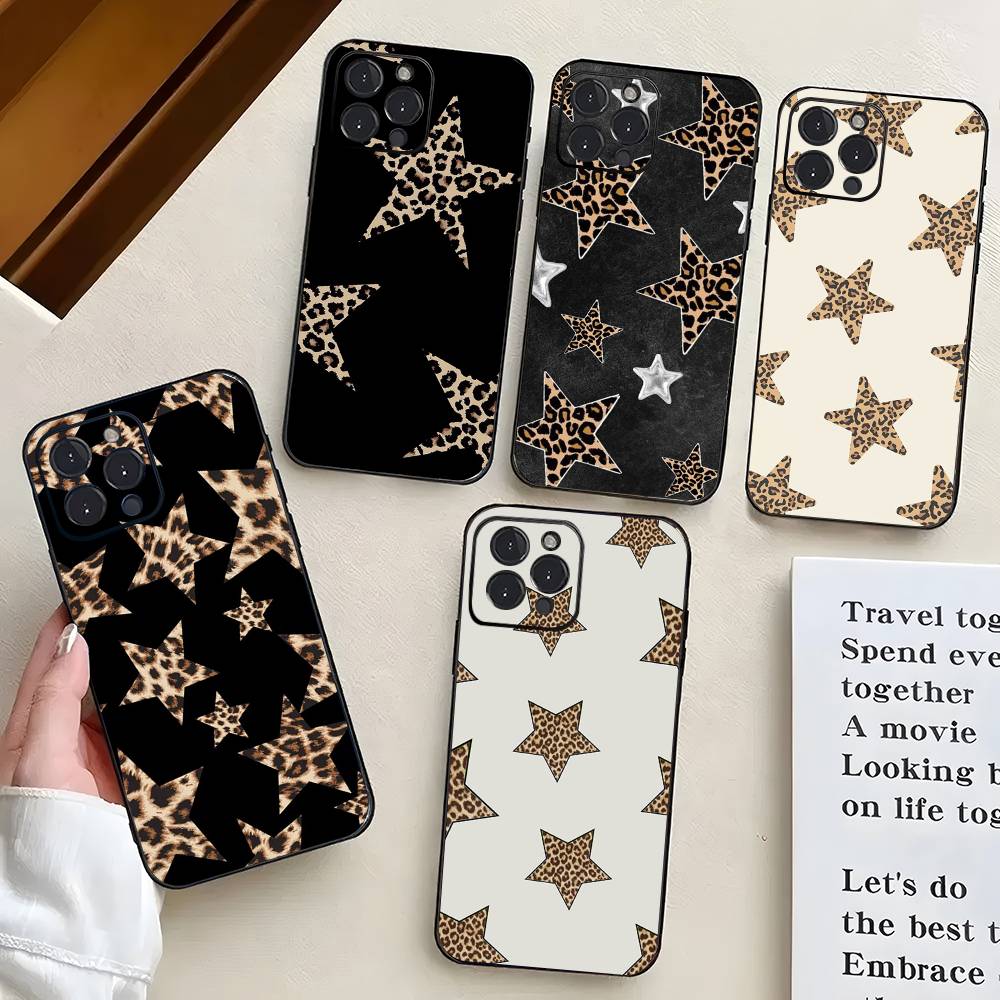 Star Leopard Print Phone Case For IPhone 17 Air 16 15 14 13 Pro Max 11 12 Black Silicone Cover