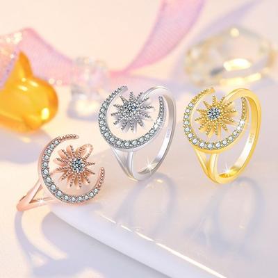 טבעת נשים פתיחה גיאומטרית עדינה אלגנטית טמפרמנט מתנה משובצת אבני חן כוכב ירח טבעת אצבע