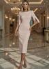 Wedding Guest Dresses MIDI Length Mermaid Half Sleeves Bodycon Formal Evening Party Gowns with Pearls