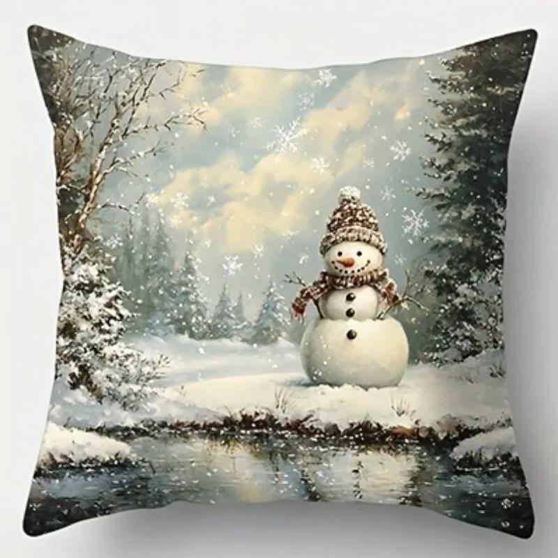 Christmas Pillowcase, Santa Claus Snowman Pattern Pillowcase, Warm Oil Painting Style Sofa, Home Decoration
