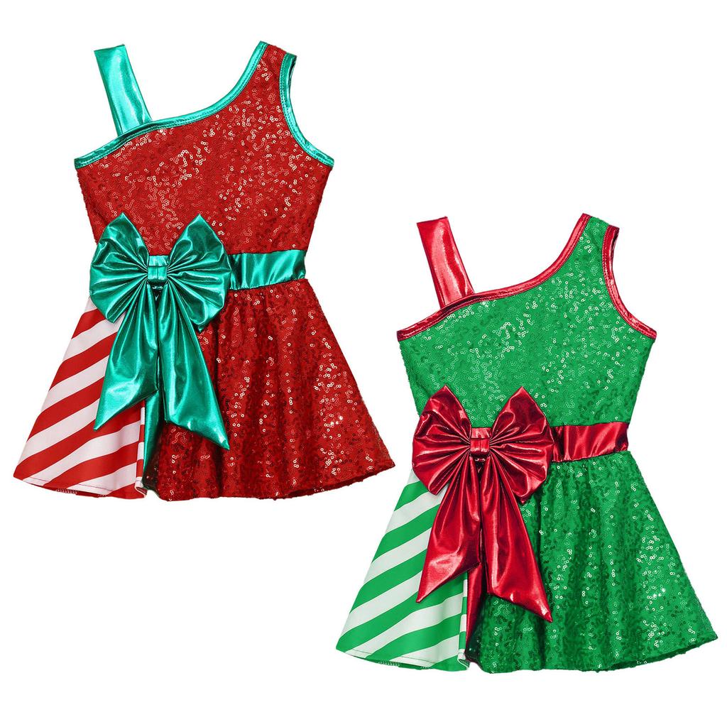 Kids Girls Shiny Sequin Christmas Dress Up Jumpsuit Asymmetrical Sleeveless Stripe Patchwork Dress