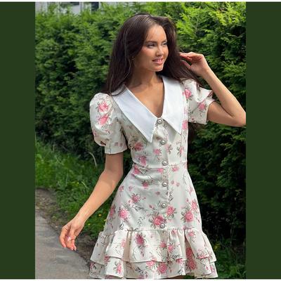 Women's Summer New Temperament Printed Bubble Sleeve Doll Collar High Waist Short Dress
