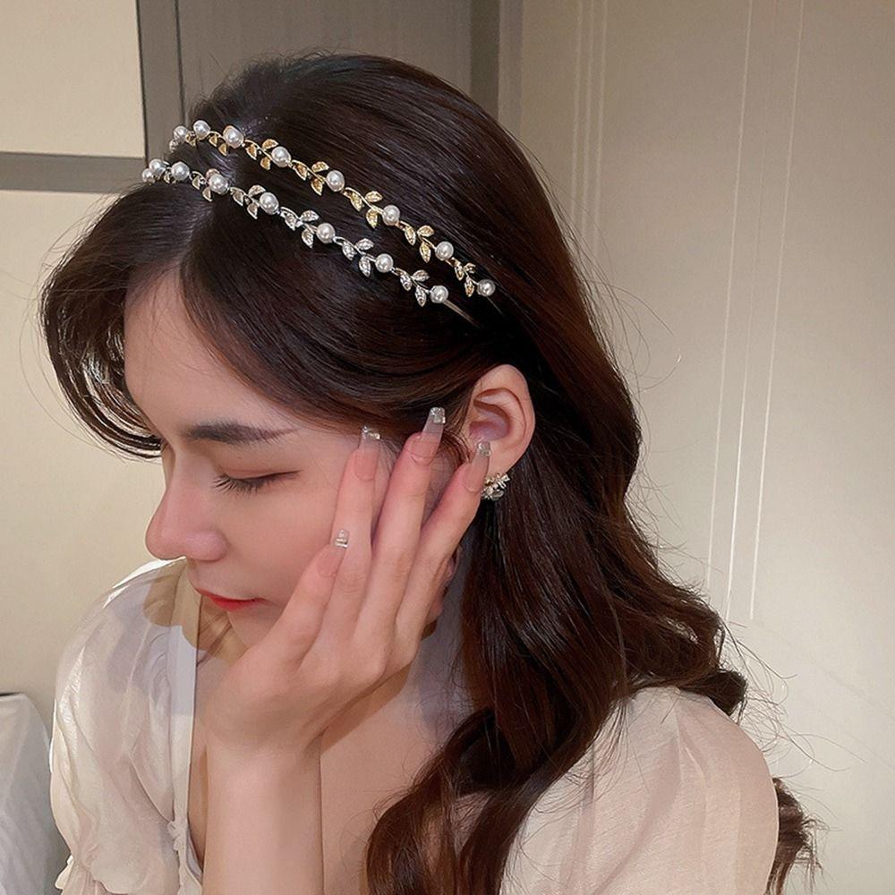 Wedding Bride Headwear Leaf Headband Korean Style Headwear Girl Thin Hair Hoop Rhinestone Hair Band