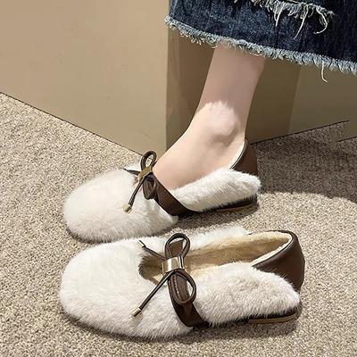 Moda Elegantes retro Zapatos de Abuela Femeninos Suaves de Boca Baja Planos Mocasines Invierno Cálidos Peluche Peludos Zapatos Mary Jane Mujer Zapatos de Algodón
