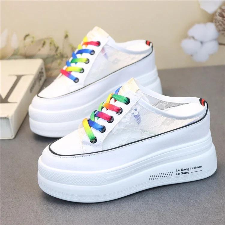 Fashion Summer Thick-soled Inner Heightening Half-drag Canvas Shoes Women's Muffin  A Pedal Lazy Shoes Women Casual Breathable Slippers