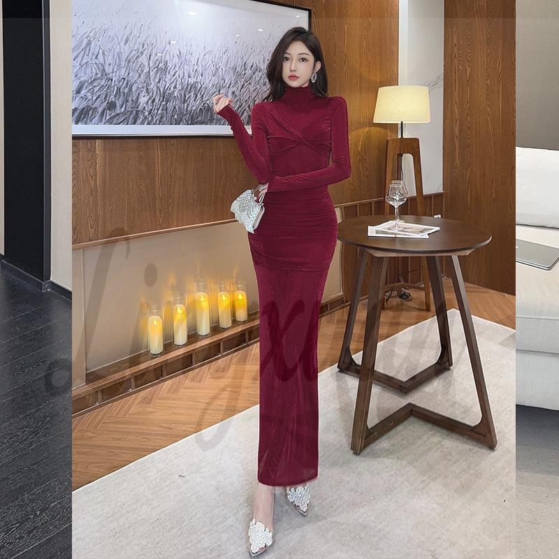 

Autumn/Winter High Neck Ruched Cross-Front Slim-Fit Long Sleeve Dress, Wearable as a Base Layer, Hip-Hugging Long Skirt Medium красный