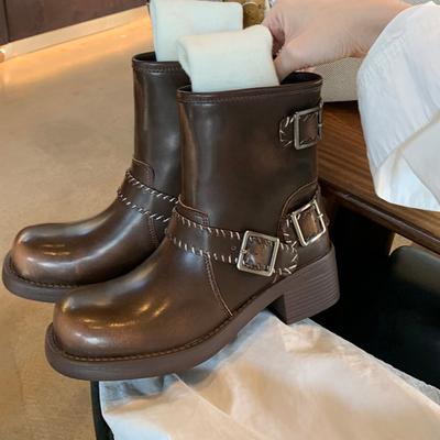 Designer Vintage Damen Stiefeletten Mode Gürtelschnalle Kurze Stiefeletten Damen Prägnante Dicke Absätze Botas De Mujer