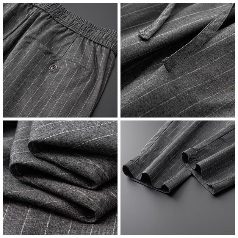 Letnie Cienkie Spodnie Sportowe w Pionowe Paski Spodnie z Prostą Nogawką Męskie Spodnie Codzienne ze Sznurkiem Spodnie Codzienne Wielofunkcyjne