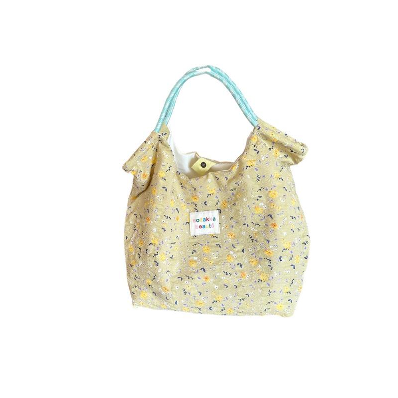 Small Floral Shoulder Canvas Bag Spring and Summer Fresh Thin Tote Bag Large Capacity Holiday Beach Bag