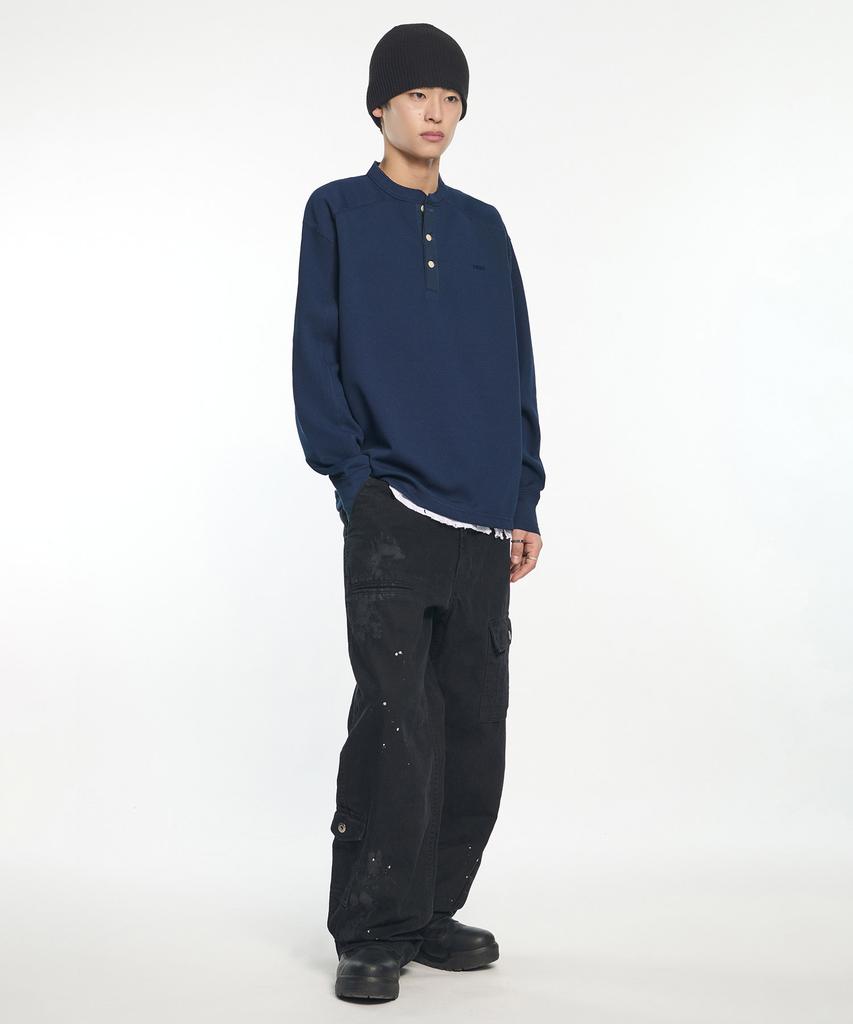 NOMANUAL Nm Henley Neck Waffle Long Sleeve Tee - Dark Navy