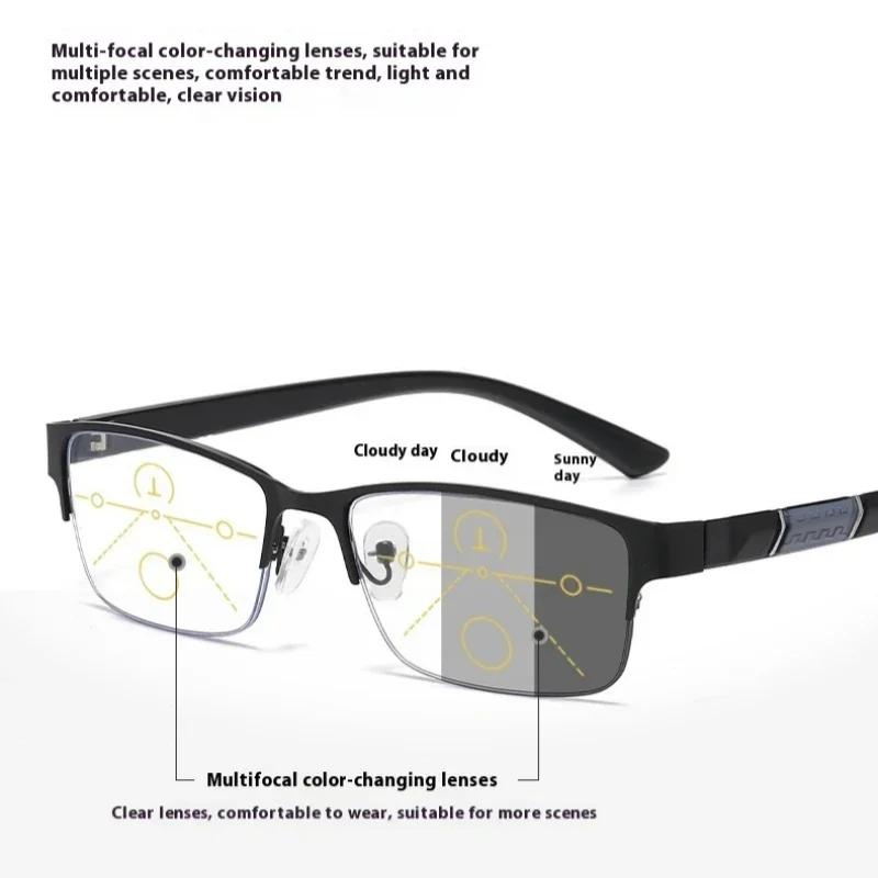 Blue Light Glasses Photochromic Sun Eyewear Half-frame Business Multifocal Presbyopia Glasses Diopter To +4.0 Eyeglasses for Men