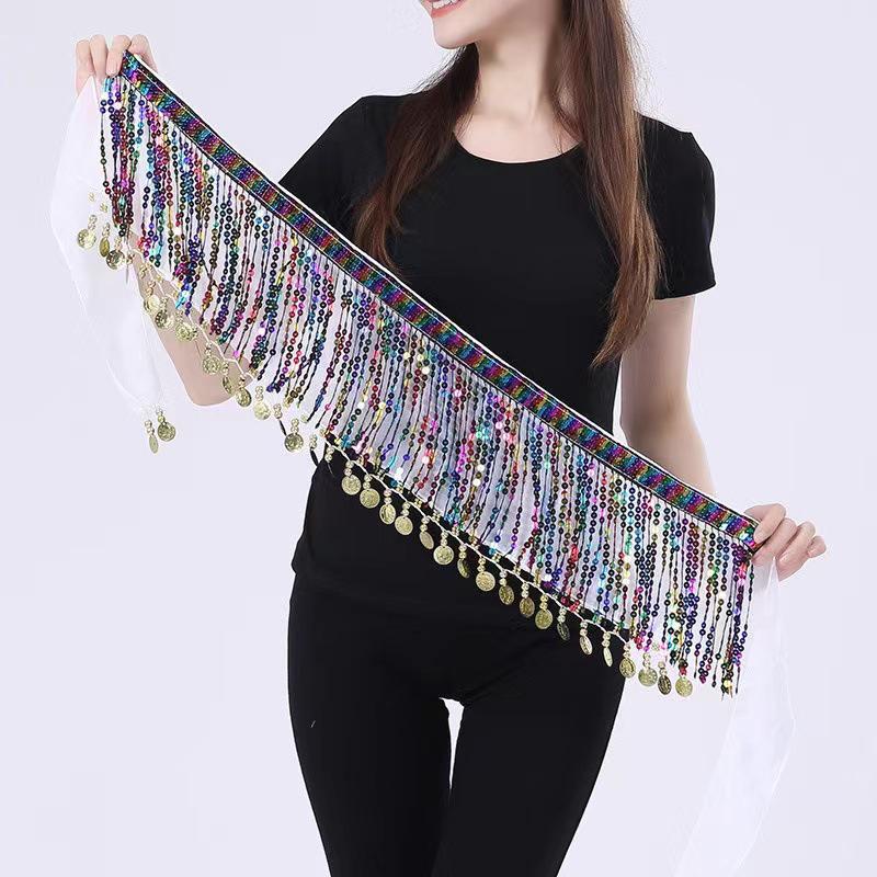 Shiny Sequins Tassel Belly Dance Hip Scarf Waist Belt Wrap Skirt For Halloween Cosplay Party Dance Costume