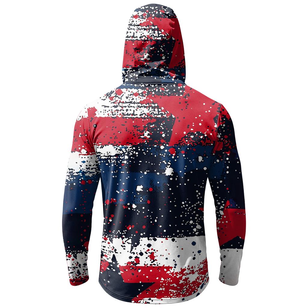 Men Hooded Long Sleeve Sun Protection Top with Abstract Independence Day Print Lightweight Pullover Casual Wear for Outdoor Activities