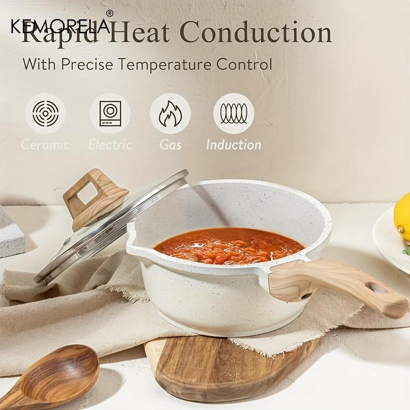 1 stk Non-stick grytesett med lokk - Induksjonskompatibel helletut Lys beige med trehåndtak Ideelt for matlaging på kjøkkenet