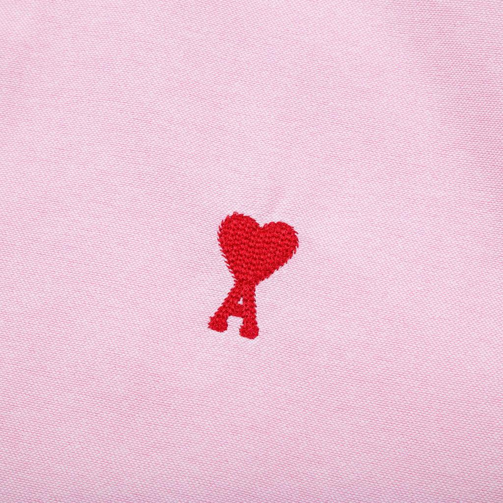 AMI Men's Classic Spring and Autumn Red Heart Embroidered Casual Cotton Solid Color Short Sleeve Shirt On the Chest