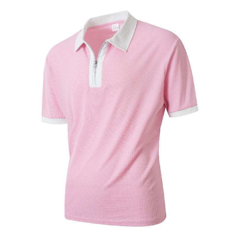 2026New men s summer color-blocked short-sleeve sports casual wear T Half-zip shirt polo Shirt S розовый
