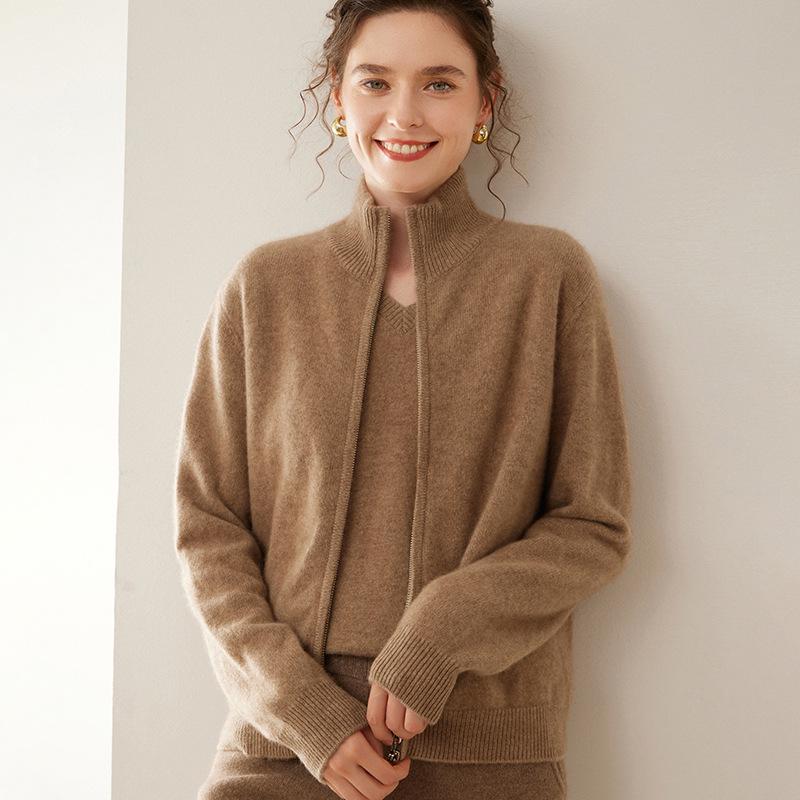 Women's Stand Collar Double Zipper Goat Cashmere Cardigan - Autumn/Winter Solid Color Knit
