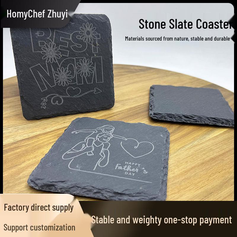 Japanese Style Round Slate Coaster Set - Natural Heat-Insulating Pad for Bar Whiskey