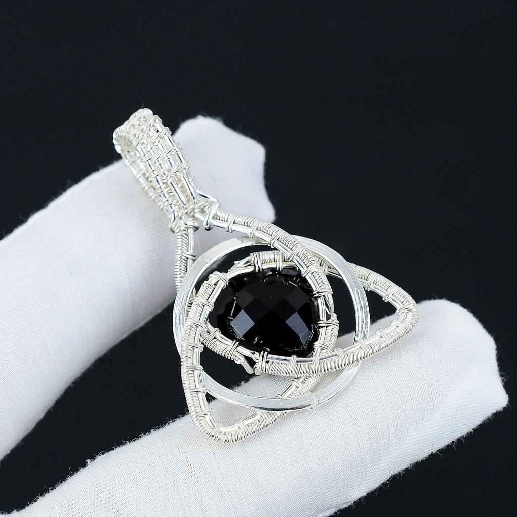 Black Spinel Gemstone Silver Pendant In 925 Sterling Silver- Handmade Design, Celtic Family Knot Wire Wrapped Everyday Jewelry, Gifts