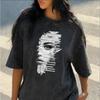 Abstrakt Musiknoter Ansikte Överdimensionerad T-shirt Tvättad Bomull Avslappnad T-shirt Konstnärligt Kvinnoansikte Notblad Grafisk Topp