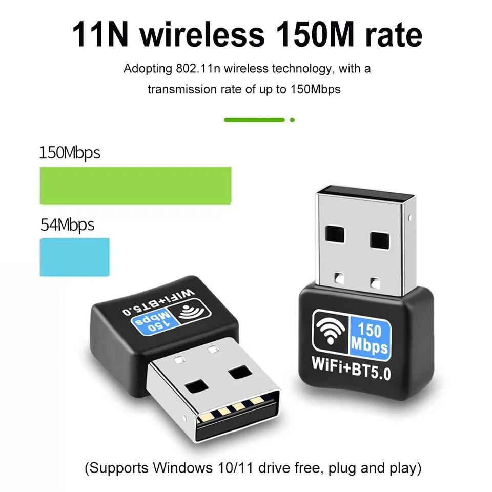 WiFi Bluetooth Wireless Adapter 150Mbps USB Receiver 2.4G Bluetooth 5.0 Dongle Network Card for Desktop Laptop PC Keyboard Mouse