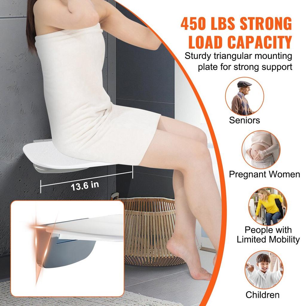 Folding Shower Seat 13.6'' X 12.8'' Wall Mounted Shower Bench 450 Lbs