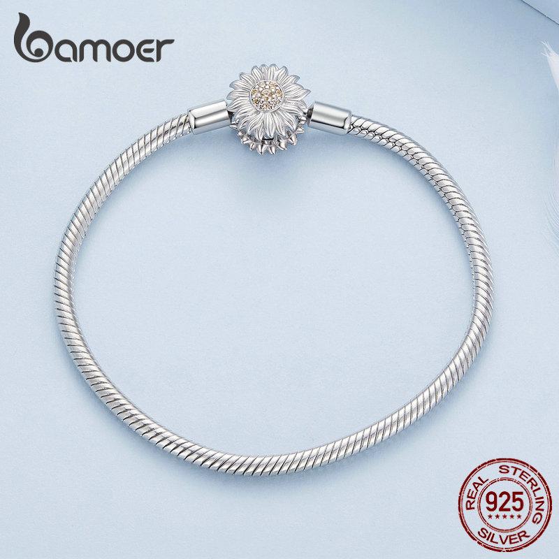 BAMOER 925 Sterling Silber Sonnenblume Basic Armband Schlangenkette Armband für Frauen Charms DIY Feinschmuck