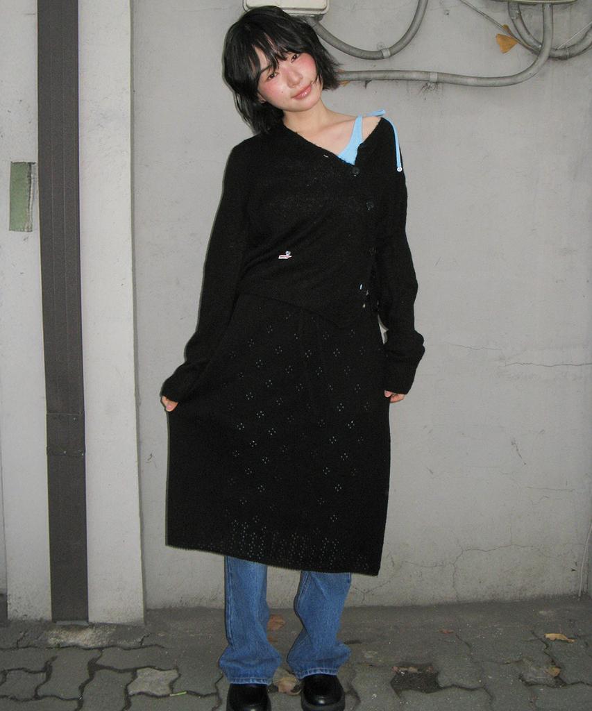 Ronron Pointelle Knit Long Skirt Black