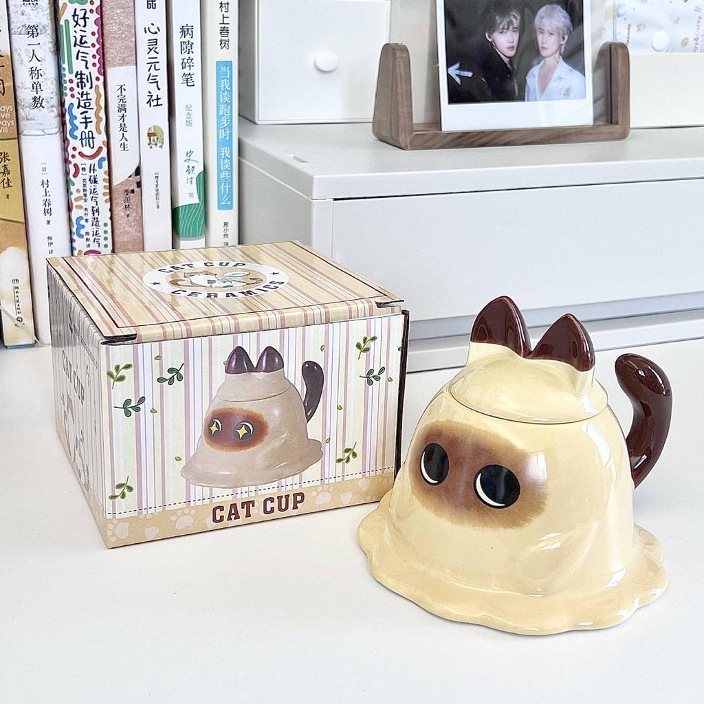 Cute Siamese cat ceramic mug with lid for girls' birthday gift girlfriend souvenir cat cup gift box