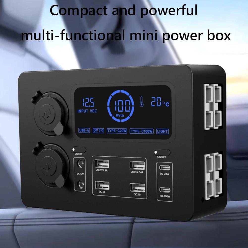 12V 100W Mini Power Box with LED Lights LCD Display Power Box USB-C & QC3.0 Ports Portable Control Hub for RVs SUVs Boats