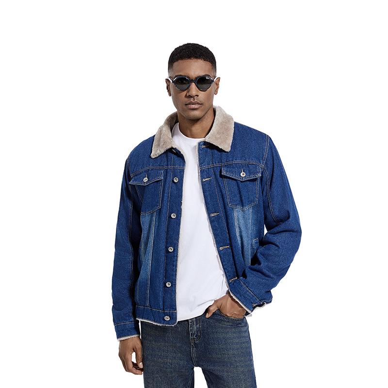 Herren Sherpa gefütterte Trucker Jacke Revers Baumwolle Cargo Jacke Lässig Knopf Militärjacke Warmer Herbst Winter Parka für Herren Cowboy Denim Jeansjacken