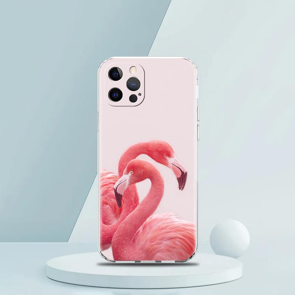 For iPhone 15 16 14 13 12 mini 11 Pro Max XS X XR SE 7 8 Plus Silicone Clear Cover lovely Pink Flamingos leaf Phone Case