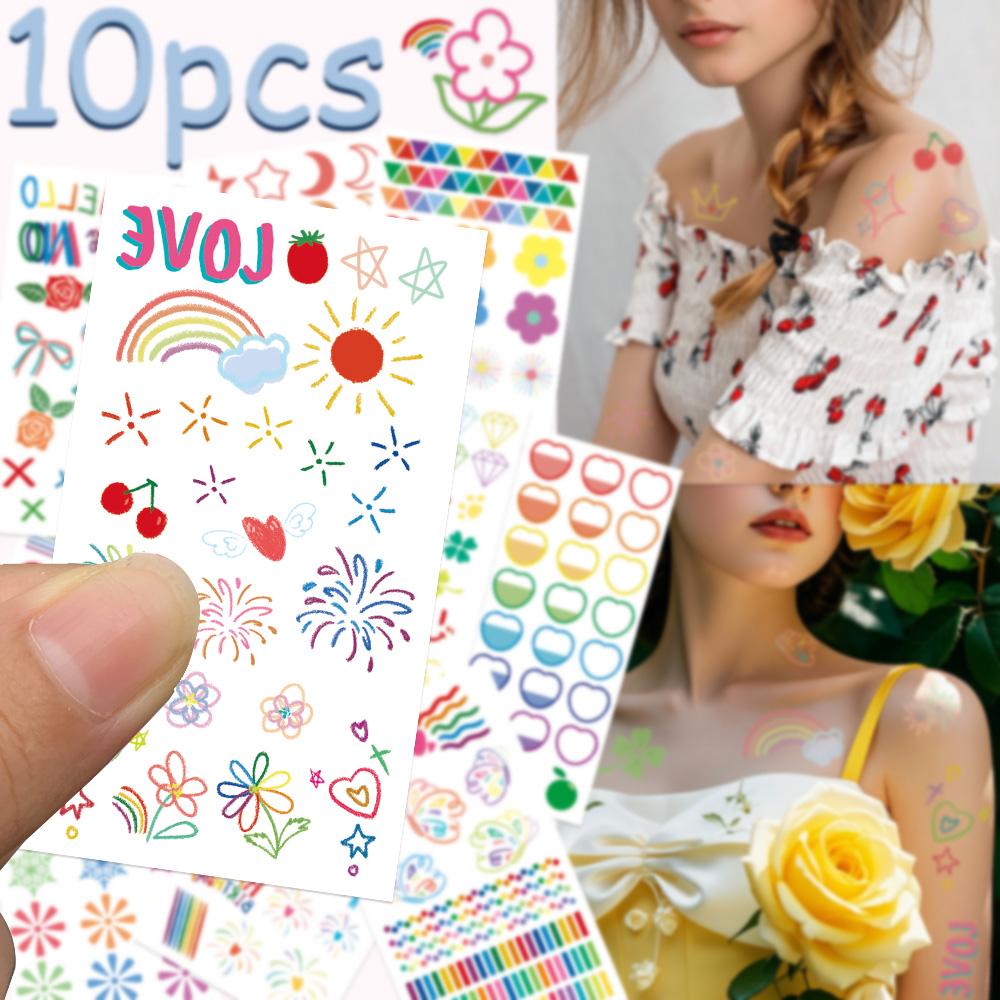 10 arkuszy Kolorowe naklejki z tatuażem graffiti na twarz, ramię, ciało, tymczasowe, fałszywe, wodoodporne, prezenty na przyjęcie dla dzieci