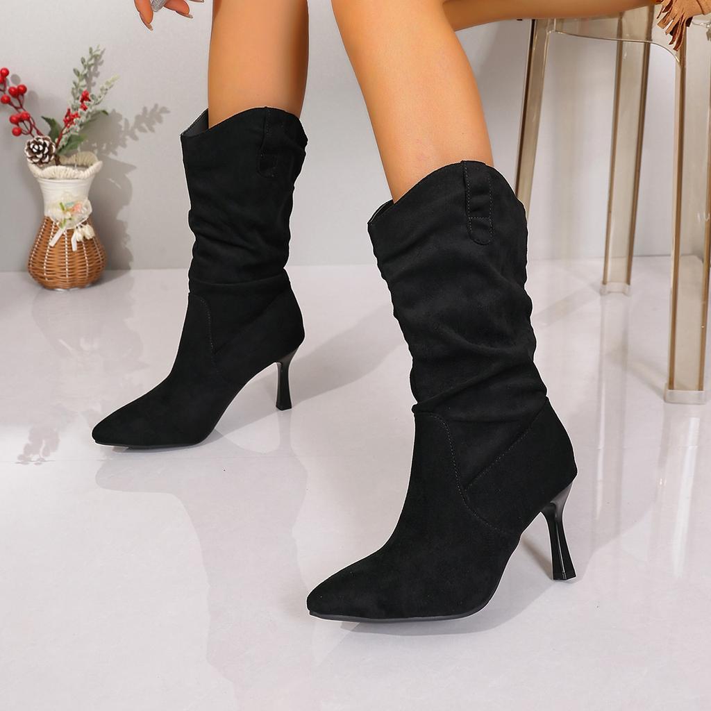 Big Size Pointed Toe High Heel Fashion Boots 2025 Winter New Pleated Mid-leg Boots for Women